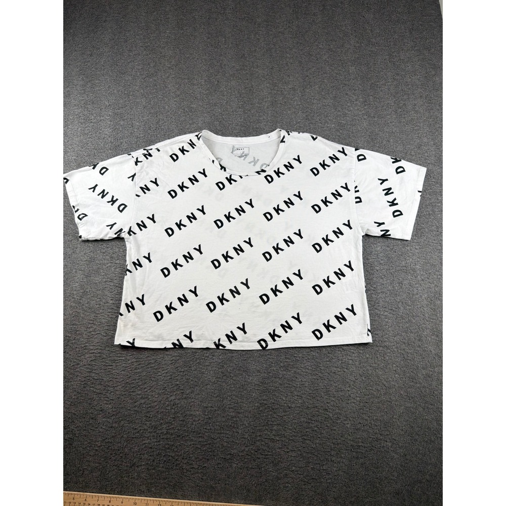 DKNY T-Shirt Women's Large White Black Logo‎ Print Crop Top Short Sleeve Cotton
